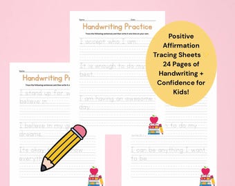 Hoja de trabajo de 24 páginas con afirmaciones positivas para que los niños practiquen la escritura a mano y desarrollen la confianza.