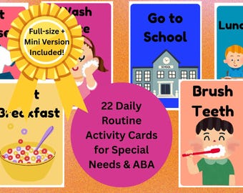 May include: 22 colorful cards with illustrations of daily routines for children. The cards feature activities like getting dressed, washing, eating breakfast, going to school, brushing teeth, and lunch time. The cards are designed for special needs and ABA therapy.
