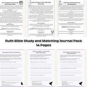 May include: A Ruth Bible Study and Matching Journal Pack with 14 pages. The pages are white with black text and illustrations. The text includes titles such as "Introduction: A Story of Loyalty Hope and God's Quiet Providence".