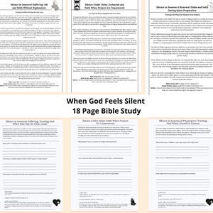 Könnte beinhalten: Eine 18-seitige Bibelstudie mit dem Titel „Wenn Gott schweigt“. Die Seiten sind weiß mit schwarzem Text und behandeln verschiedene Themen, darunter das Vertrauen in Gott und der Umgang mit Leid. Die Studienanleitung enthält Platz für Notizen.