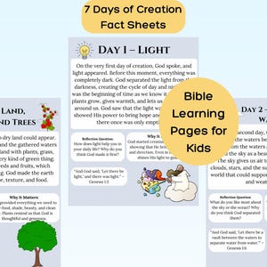 May include: Educational Bible learning pages for kids, featuring the '7 Days of Creation' theme. The pages include text and illustrations about light, sky, water, land, plants, and trees. A circular graphic reads 'Bible Learning Pages for Kids'.