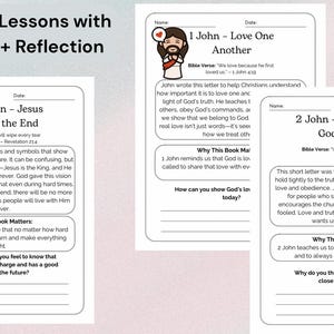 Close-up preview of printable Bible lessons for kids from the Books of the Bible Bundle. Each lesson includes a Bible verse, a short kid-friendly summary, reflection questions, and fun Christian designs. A great way to help children learn Scripture and understand key themes of the Bible during homeschool or Sunday school time.