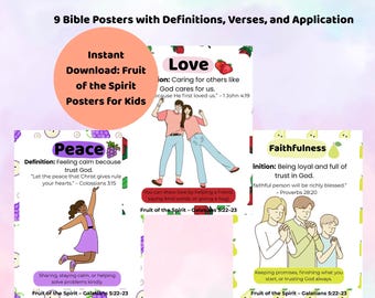 Andens frukt-posters för barn – Bibelvers-väggkonst, kristen klassrumsdekor, utskrivbar söndagsskola, Galaterbrevet 5:22-23-lektioner