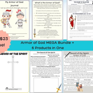 Puede incluir: Un paquete de seis productos educativos, que incluyen un casco, una coraza y una espada del espíritu, con el texto "Armor of God MEGA Bundle + 6 Products in One". El paquete incluye un diario y otros materiales educativos.