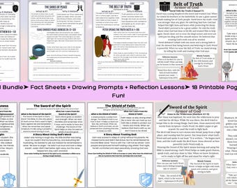 Paquete de actividades bíblicas "La armadura de Dios" para niños con hojas informativas, sugerencias para dibujar y lecciones de reflexión. Paquete imprimible para estudio bíblico.