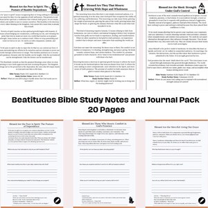 May include: A collection of Bible study notes and journal pages. The pages are white with black text and illustrations. The title "Beatitudes Bible Study Notes and Journal Pack" is displayed, along with "20 Pages".