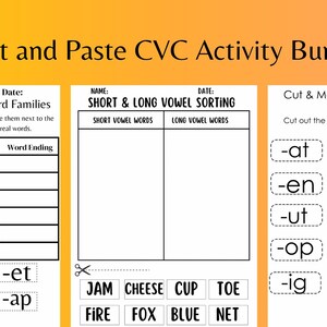 May include: Black and white printable worksheets for kids to practice CVC word families. The worksheets include activities like cutting and pasting word endings, sorting short and long vowel words, and matching letters to word families.
