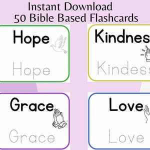 Flashcards de palavras e versículos bíblicos | 50 cartões imprimíveis com traçado e guia de cores, atividade de Páscoa para crianças