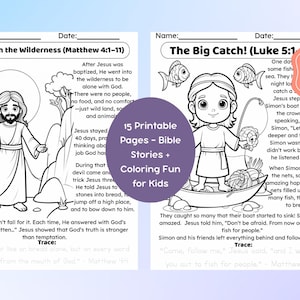 15 Bible Stories About Jesus for Kids Printable Coloring Pages + Traceable Bible Verses Sunday School & Homeschool Activities