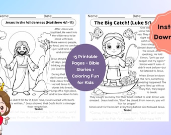 15 Bible Stories About Jesus for Kids Printable Coloring Pages + Traceable Bible Verses Sunday School & Homeschool Activities