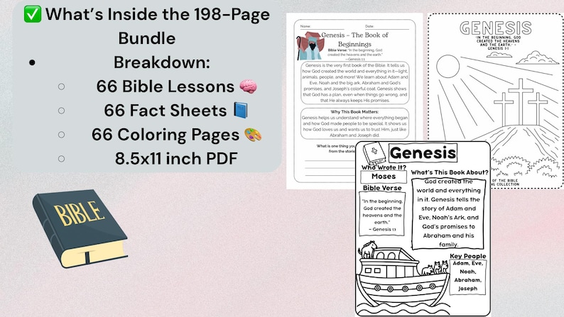 Full Bible activity bundle showing 66 Bible lessons, 66 Bible fact sheets, and 66 Bible coloring pages. This Christian teaching printable is ideal for faith-based homeschool curriculum or Bible study programs for kids. Easy-to-use, no-prep Bible worksheets for children ages 4–10 learning about all books of the Old and New Testament.