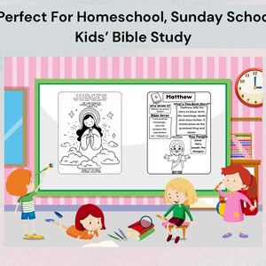 Christian Bible printable bundle designed for homeschoolers, Sunday school teachers, and children’s church leaders. This 198-page Bible resource helps kids explore all 66 books of the Bible through lessons, fact sheets, and coloring activities. Perfect for ages 4–10 learning about faith and Scripture in a fun, interactive way.
