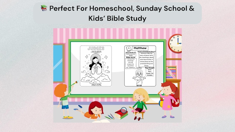 Christian Bible printable bundle designed for homeschoolers, Sunday school teachers, and children’s church leaders. This 198-page Bible resource helps kids explore all 66 books of the Bible through lessons, fact sheets, and coloring activities. Perfect for ages 4–10 learning about faith and Scripture in a fun, interactive way.