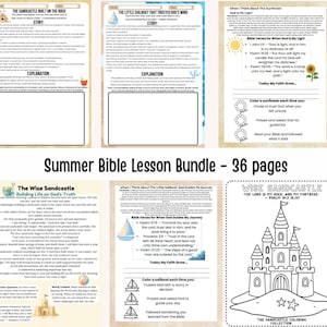 May include: A collection of printable Bible lesson pages with illustrations and text. The pages feature themes like sunflowers, sandcastles, and sailboats. The bundle includes 36 pages, perfect for summer learning and coloring activities.