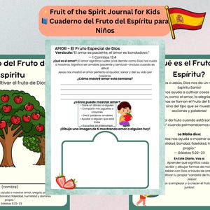 May include: A colorful journal for kids with the title "Fruit of the Spirit" in English and Spanish. The journal features illustrations of a tree with red apples and text in Spanish, with a Spanish flag graphic.