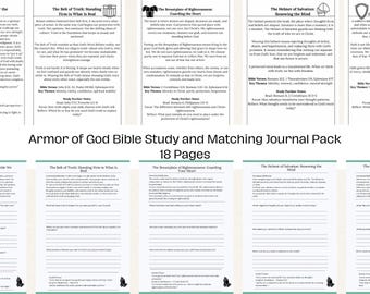 May include: A set of 18-page Bible study and matching journal pack. The pages are white with black text and feature titles such as "Introduction: Strength for the Battle We Cannot See" and "The Belt of Truth: Standing Firm in What is Real."