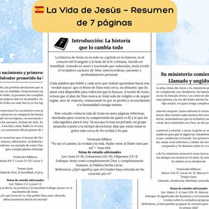 Może przedstawiać: Hiszpańskojęzyczny przewodnik do nauki zatytułowany "Życie Jezusa - Podsumowanie 7 stron". Przewodnik zawiera sekcje dotyczące narodzin, posługi i nauk Jezusa. Okładka zawiera ilustracje i tekst.