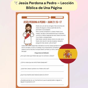 Jesus Forgives Peter Bible Lesson Lección Bíblica Jesús Perdona a Pedro English and Spanish Worksheet Faith Story and Reflection Page