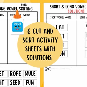 May include: A printable worksheet for sorting short and long vowel words. The worksheet includes a title, instructions, and a table with two columns labelled "Short Vowel Words" and "Long Vowel Words". The worksheet also includes a solution sheet with the words sorted correctly.