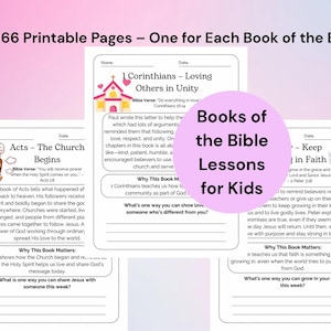 Books of the Bible Lessons for Kids Printable  66 Bible Study Pages with Verses, Summaries & Reflection Christian Homeschool PDF