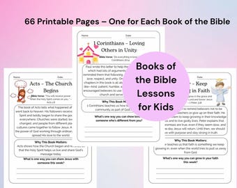 Books of the Bible Lessons for Kids Printable  66 Bible Study Pages with Verses, Summaries & Reflection Christian Homeschool PDF