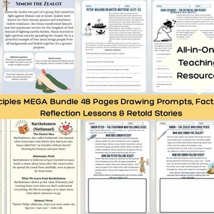 May include: A collection of educational printables with the text "JUDAS ISCARIOT", "SIMON THE ZEALOT", and "All-in-One Teaching Resource!". The bundle includes drawing prompts, fact sheets, reflection lessons, and retold stories about the 12 Disciples.