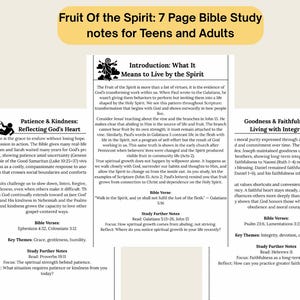 Könnte beinhalten: Ein Bibelstudienführer mit dem Titel "Fruit Of the Spirit: 7 Page Bible Study notes for Teens and Adults." Der Führer enthält Illustrationen und Texte über Geduld, Freundlichkeit und Integrität.