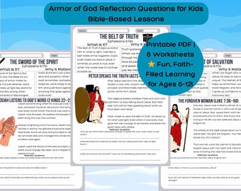 Preguntas de reflexión sobre la armadura de Dios para niños Lecciones bíblicas imprimibles Actividad devocional cristiana Escuela dominical Hoja de trabajo de fe para educación en el hogar