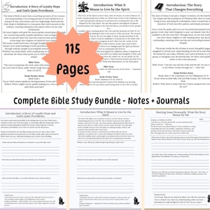 Op de afbeelding: Een complete Bijbelstudiebundel met aantekeningen en tijdschriften. De bundel bevat 115 pagina's studiemateriaal. De pagina's hebben tekst en afbeeldingen. De tekst bevat de inleiding tot de studie en andere gerelateerde informatie.