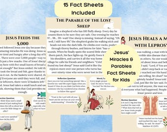 May include: Educational fact sheets for kids about Jesus' miracles and parables. The sheets include stories like Jesus feeding the 5,000, the parable of the lost sheep, and Jesus healing a man with leprosy. The sheets are illustrated with colorful images.