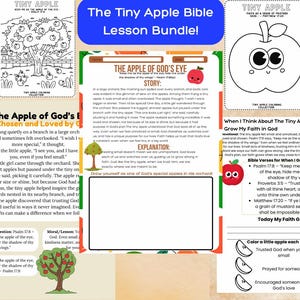 May include: A colorful educational bundle titled "The Tiny Apple Bible Lesson Bundle!" featuring apple-themed coloring pages, stories, and activities. Includes text like "The Apple of God's Eye" and "Grow My Faith in God."