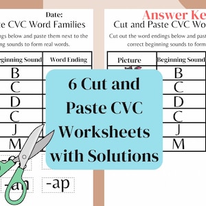 May include: A printable worksheet for kids to practice CVC word families. The worksheet features a bat, a cat, a dog, a cup, a jet, and a map. The worksheet includes a cut-out section with word endings like -at, -an, -ap, -og, and -et. The worksheet also includes an answer key.