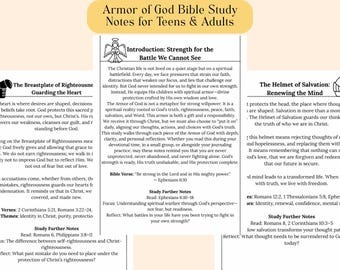 May include: A study guide titled "Armor of God Bible Study Notes for Teens & Adults" with sections on righteousness, salvation, and spiritual warfare. Includes text and illustrations, designed for teens and adults.