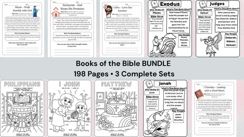 Books of the Bible Bundle for kids featuring 198 printable Bible pages including Bible lessons, fact sheets, and coloring pages. This Christian homeschool activity pack is perfect for teaching all 66 books of the Bible with fun, engaging worksheets. Ideal for Sunday school, children’s church, or homeschool families wanting a complete Bible learning resource.