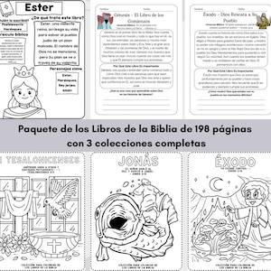 Może przedstawiać: Zestaw stron do kolorowania z historiami biblijnymi. Strony zawierają ilustracje i tekst w języku hiszpańskim, z tytułami takimi jak "Éxodo", "Ester" i "Génesis". Zestaw zawiera 198 stron i trzy kompletne kolekcje.