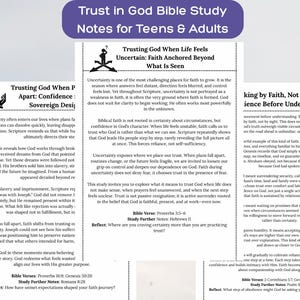 May include: A Bible study guide titled "Trust in God" for teens and adults. The guide features text on faith, uncertainty, and trust, with a purple banner at the top. An illustration of a person praying is in the upper left corner.