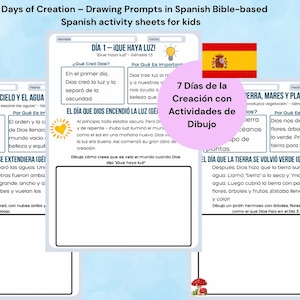 以下が含まれることがあります： 聖書の創造の物語に基づいた、子供向けのスペイン語の描画プロンプトを含むアクティビティシート。シートにはスペイン語のテキストと、太陽、雲、植物のイラストが含まれています。タイトルは「7日間の創造」です。