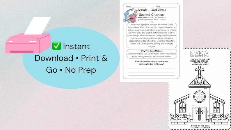 Printable Bible worksheet bundle that’s easy to download and use. Includes 198 no-prep pages covering every book of the Bible. Ideal for parents and teachers looking for ready-to-use Christian homeschool curriculum or Sunday school Bible activities. Print what you need and start teaching instantly with this kids’ Bible pack.