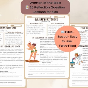 Könnte beinhalten: Lehrmittel mit dem Titel "Frauen der Bibel" mit 20 Reflexionsfragen für Kinder. Das Design umfasst Illustrationen und Texte über biblische Figuren wie Maria, Eva und Lydia. Die Ressource ist glaubensbasiert und einfach zu bedienen.