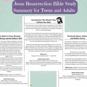 May include: A Bible study guide titled "Jesus Resurrection Bible Study Summary for Teens and Adults." The guide features text and illustrations, including a depiction of Jesus and a person reading. The background is light green with pink accents.