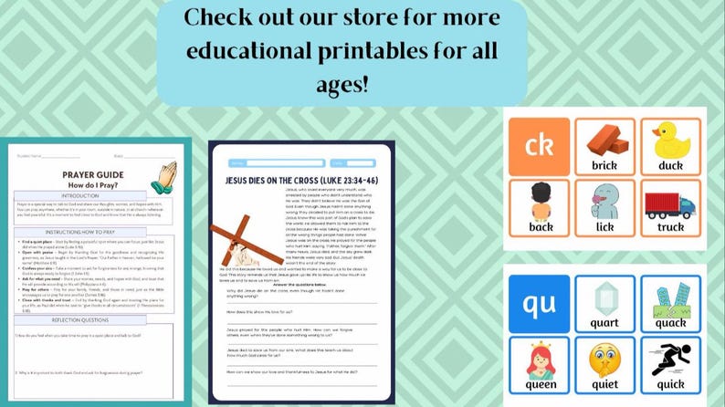 Preview of matching Bible resources including the Fruit of the Spirit lessons, 30 Days with Jesus journal, and Bible Prayer Journal for Kids. All designed to work together to support Christian homeschool learning and children’s spiritual development. Shop the full faith-based printable collection for more Bible learning tools.