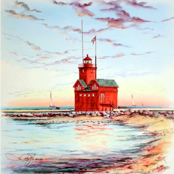 Prints Art & Collectibles Michigan Holland Lighthouse Lithograph ...