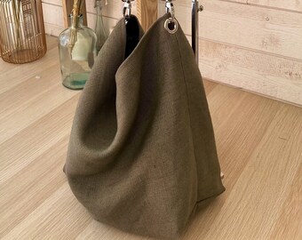 Large hobo bag, linen shoulder tote bag, genuine leather handle, organic cotton lining and its pocket