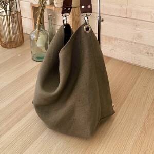 Large hobo bag, linen shoulder tote bag, genuine leather handle, organic cotton lining and its pocket