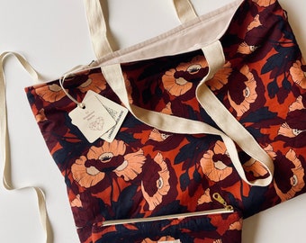 Sac Tote Bag en Liberty reversible, molletonné,  personnalisable, sac pour ordinateur portable, et sa pochette