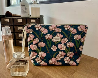 Grande trousse de toilette en coton, poches intérieures, étanche et/ou petite trousse