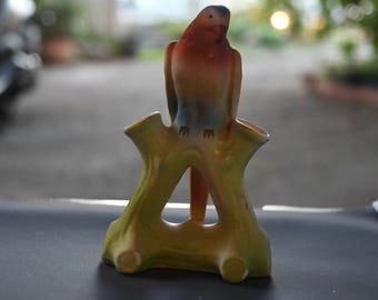 1930s Czechoslovakia Parrot Double Bud Vase Art Deco Bird Flower Frog