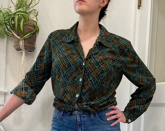 Vintage Impressions of California Green Print Button Up Top