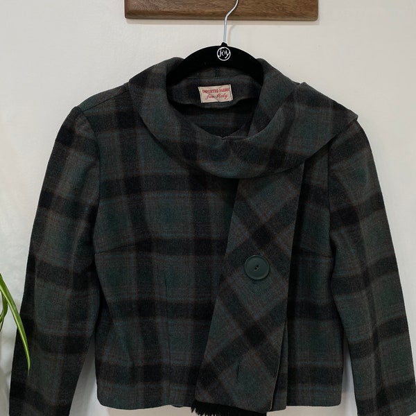 vintage 50s-60s Green Plaid Cropped Jacket with Scarf Neck XS Child Size