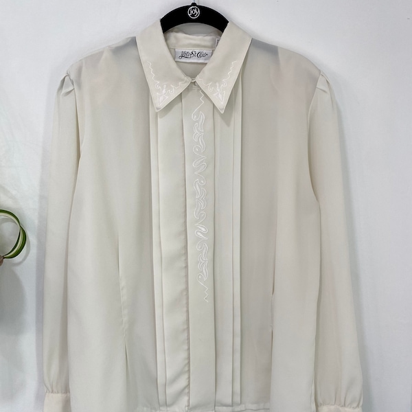 Vintage 80s Yves St Clair Ivory Embroidered Button Up Blouse